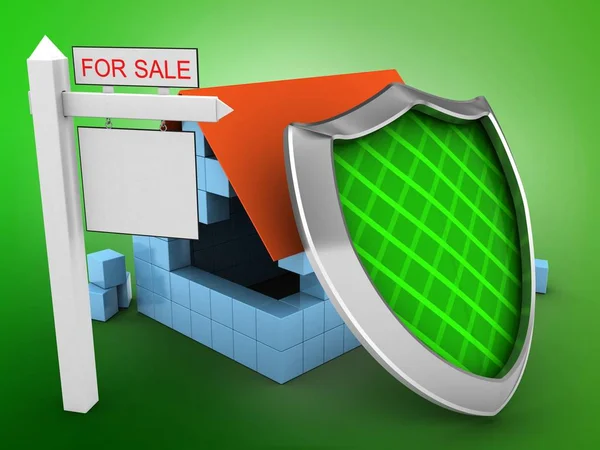 House with shield and sale sign — Stock Photo, Image