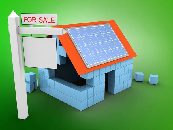 Casa con pannello solare e segno di vendita — Foto Stock