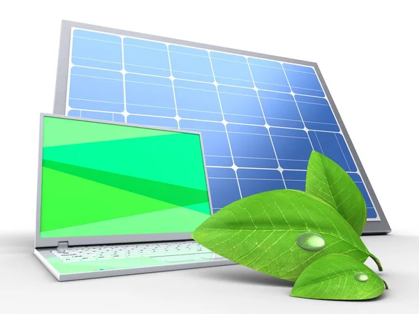 Laptop und Solarmodul — Stockfoto