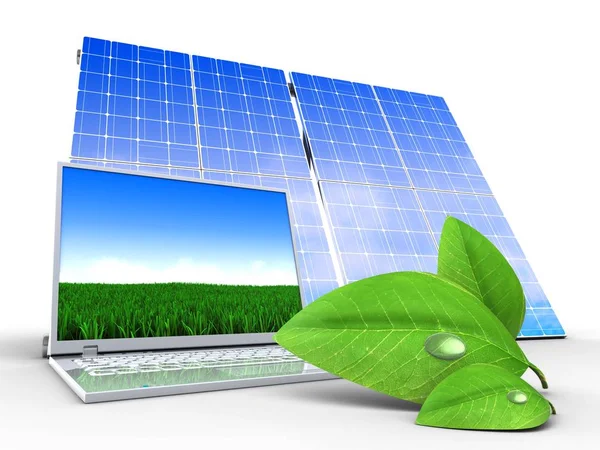 Computador e painel solar — Fotografia de Stock