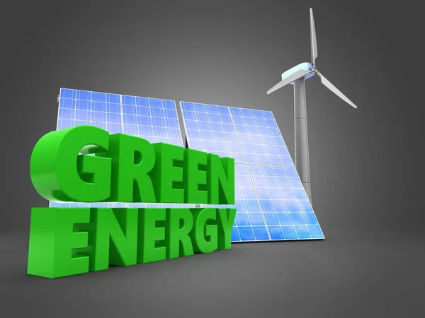 Energía solar y eólica con signo verde — Foto de Stock