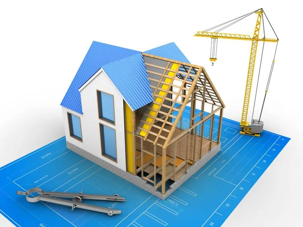 House construction over bluprint — Stock Photo, Image