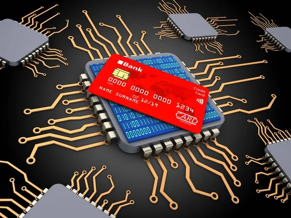 Chips de ordenador con tarjeta bancaria — Foto de Stock