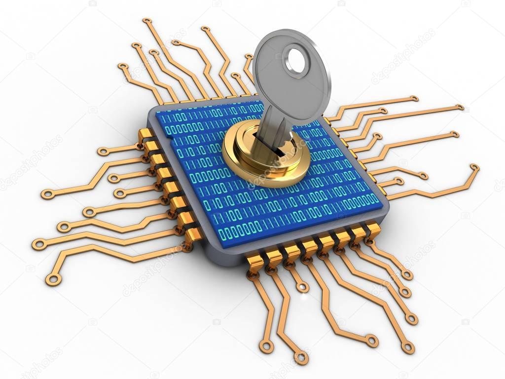 3d microchip with key and binary code