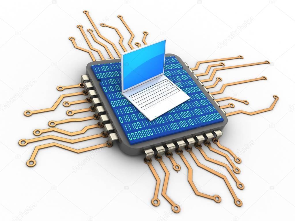 3d processor with laptop and binary code