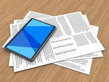 ahşap arka plan üzerinde kağıtları ve tablet bilgisayar