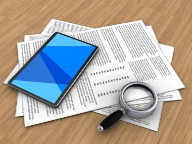 ahşap arka plan üzerinde kağıtları ve tablet bilgisayar