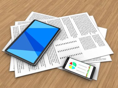 ahşap arka plan üzerinde kağıtları ve tablet bilgisayar