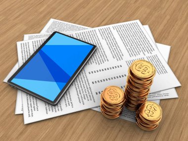 ahşap arka plan üzerinde kağıtları ve tablet bilgisayar