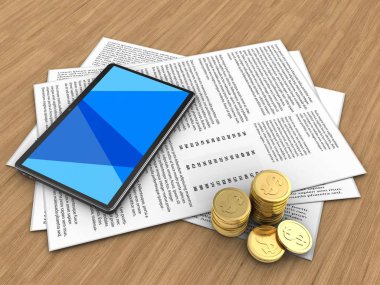 ahşap arka plan üzerinde kağıtları ve tablet bilgisayar