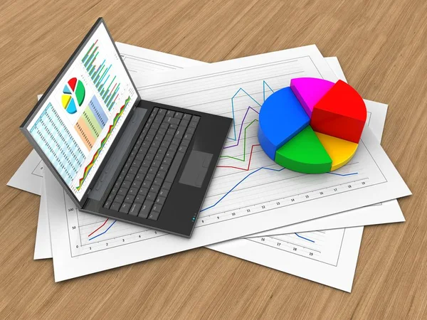 Diagrama papéis e computador pessoal — Fotografia de Stock