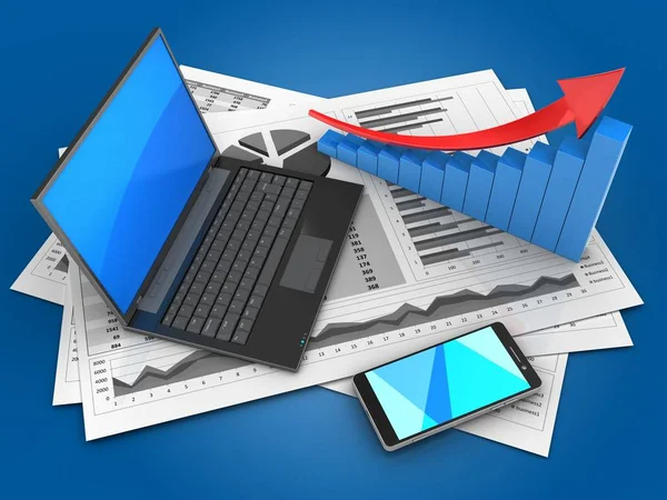 Gráficos de negócios e laptop preto — Fotografia de Stock