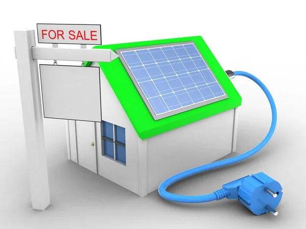 Дом с солнечной энергией и знак продажи — стоковое фото