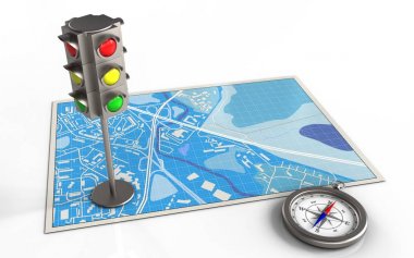 trafik ışığı ile harita ve pusula