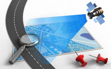 büyütme cam ve kırmızı iğneler ile göster