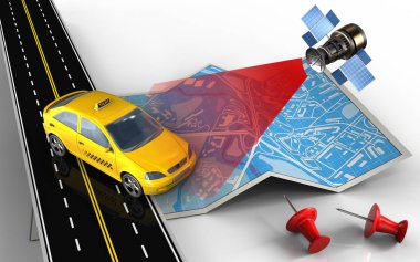 Taksi ve kırmızı iğneler ile göster