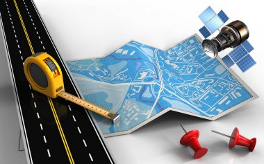 cetvel ve kırmızı iğneler ile göster