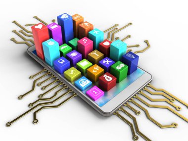 telefon ile elektronik devre ve renkli simgeler