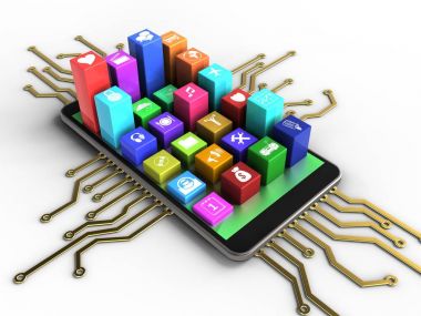 telefon ile elektronik devre ve renkli simgeler