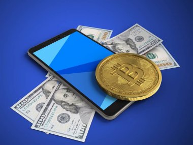telefon ile banknot ve bitcoin