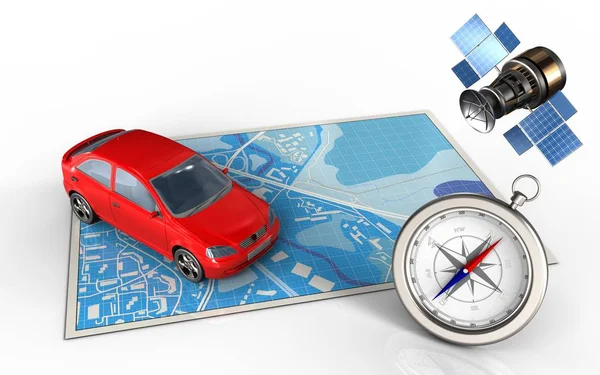 Carte avec voiture et GPS satellite — Photo