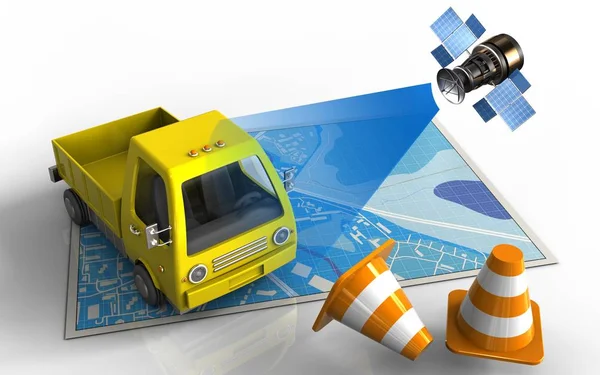 sarı kamyon ve uydu haritası