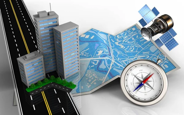 Map with city buildings and compass — Stock Photo, Image