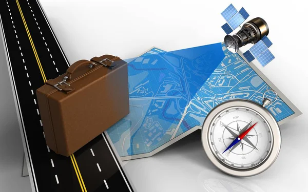 Map with luggage and compass — Stock Photo, Image
