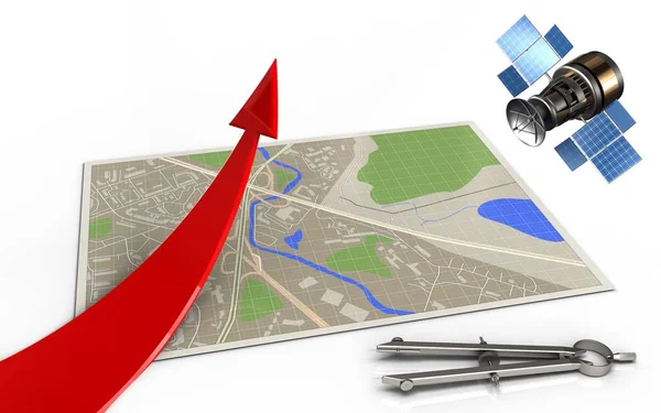 Karte mit rotem Pfeil und GPS-Satellit — Stockfoto