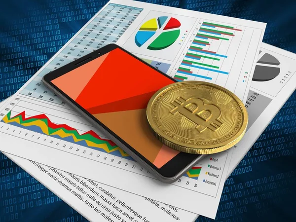 Handy mit Geschäftspapieren und Bitcoin — Stockfoto