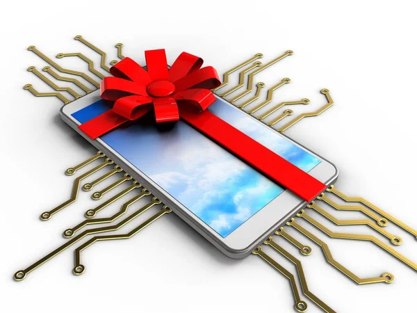 Telefoon met elektronische circuit en cadeau lint — Stockfoto