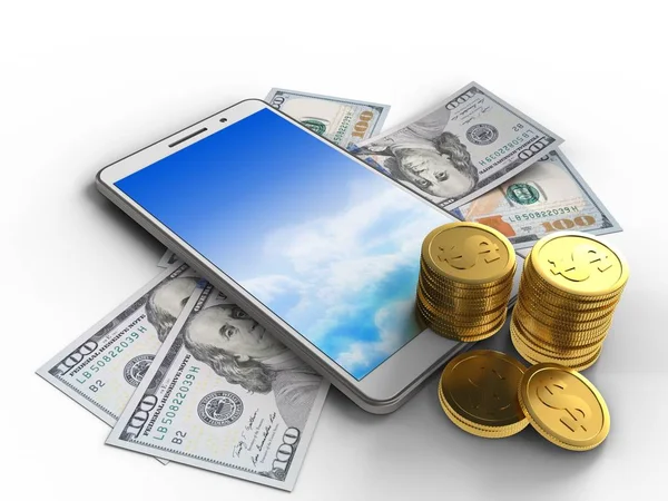 Telefoon met bankbiljetten en munten — Stockfoto