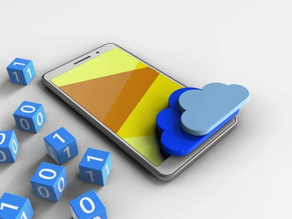 Telefon mit binären Würfeln und Wolken — Stockfoto