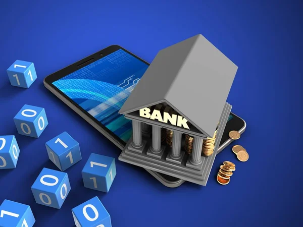 Phone with binary cubes and bank — Stock Photo, Image