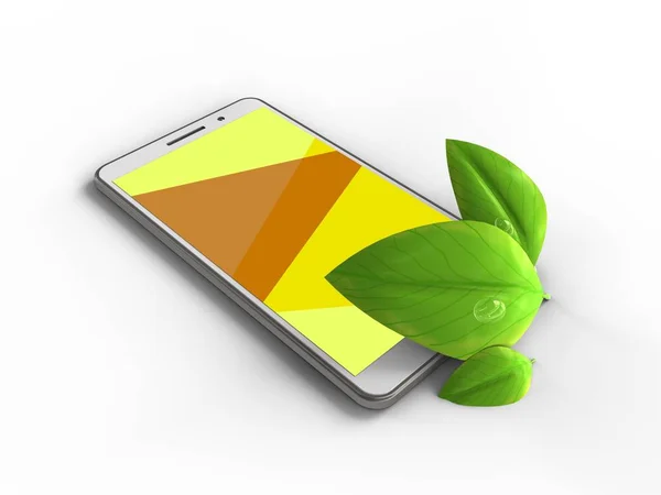 Telefon mit grünen Blättern — Stockfoto