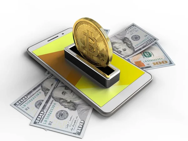 Telefoon met bankbiljetten en bitcoin — Stockfoto