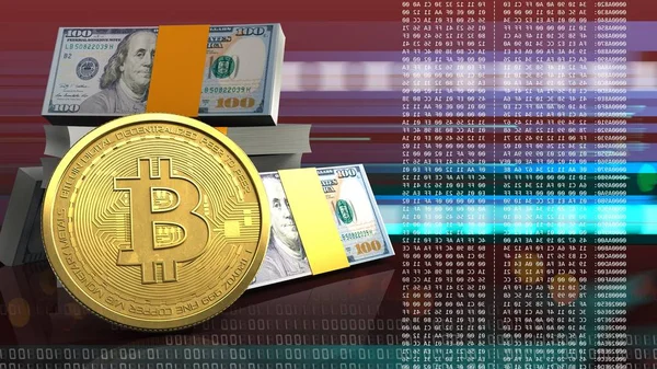 3D-Illustration des amerikanischen Dollarstapels über rotem Cyber-Hintergrund mit Bitcoin — Stockbild Stapel amerikanischer Dollar — Stockfoto
