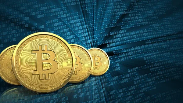 3D-Illustration der goldenen Bitcoins Streit über binären Hintergrund — Stockbild Goldene Bitcoin-Reihe — Stockfoto