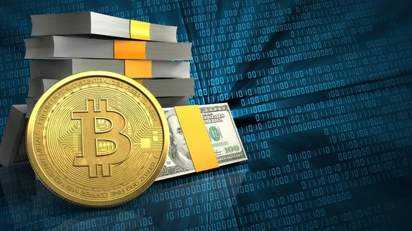 3D-Illustration des Bargeldstapels über binären Hintergrund mit Bitcoin — Stockbild Bargeldstapel — Stockfoto