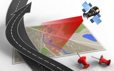 yol ok ve kırmızı iğneler ile göster