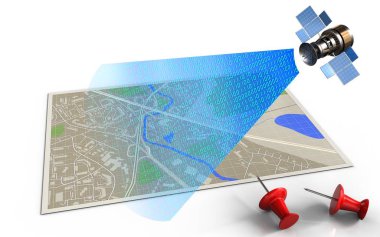  Kırmızı iğneler ve uydu haritası