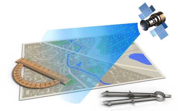 Map with protractor and satellite — Stock Photo, Image