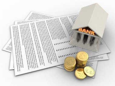 Kağıtları ve banka beyaz arka plan üzerinde