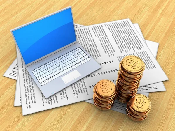 Kağıtları ve bilgisayar üzerinde ahşap masa 