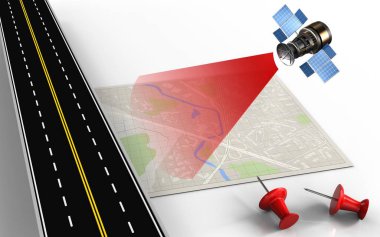  Kırmızı iğneler ve uydu haritası