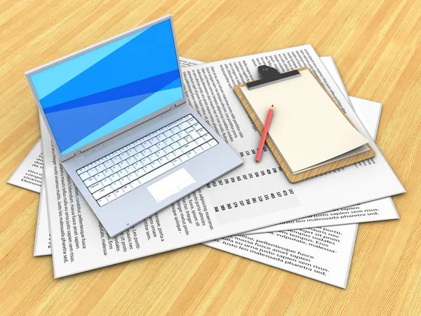 Papers en witte laptop — Stockfoto