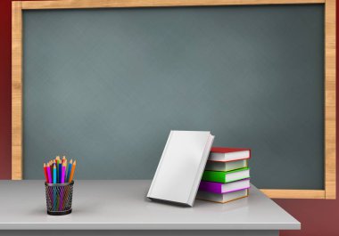 Kara tahta kitap yığını ile