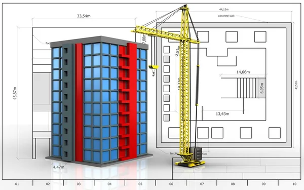 Illustration of building over blueprin — Stock Photo, Image