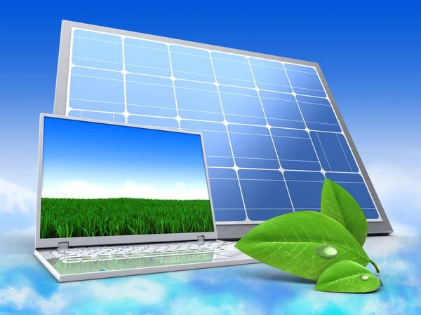 太陽電池パネルと空を背景にコンピューター — ストック写真