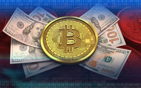 Bitcoin über roten Münzen Hintergrund — Stockfoto